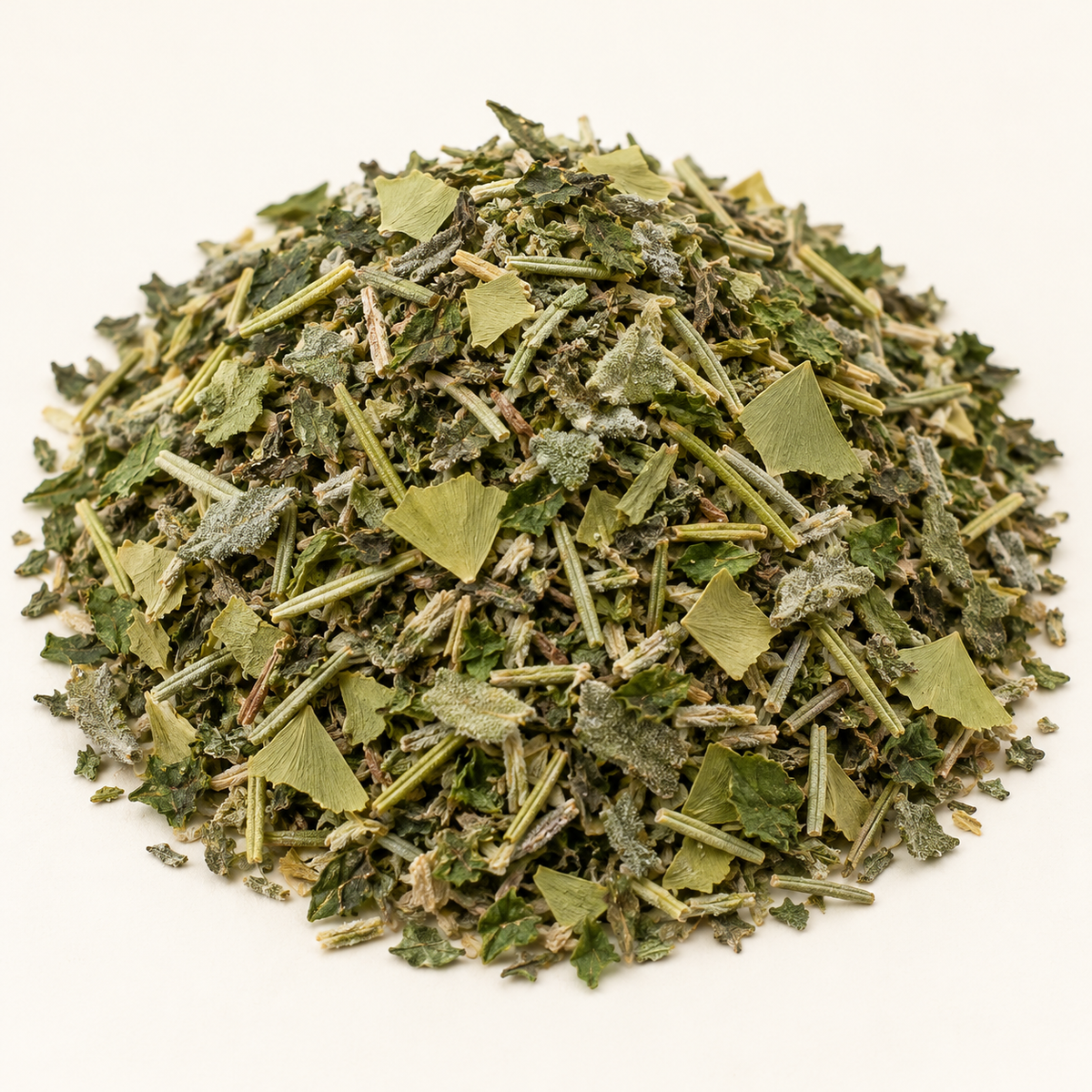 Composizione illustrativa di Tisana memoria e concentrazione: Salvia, rosmarino, Ginkgo biloba, menta piperita.